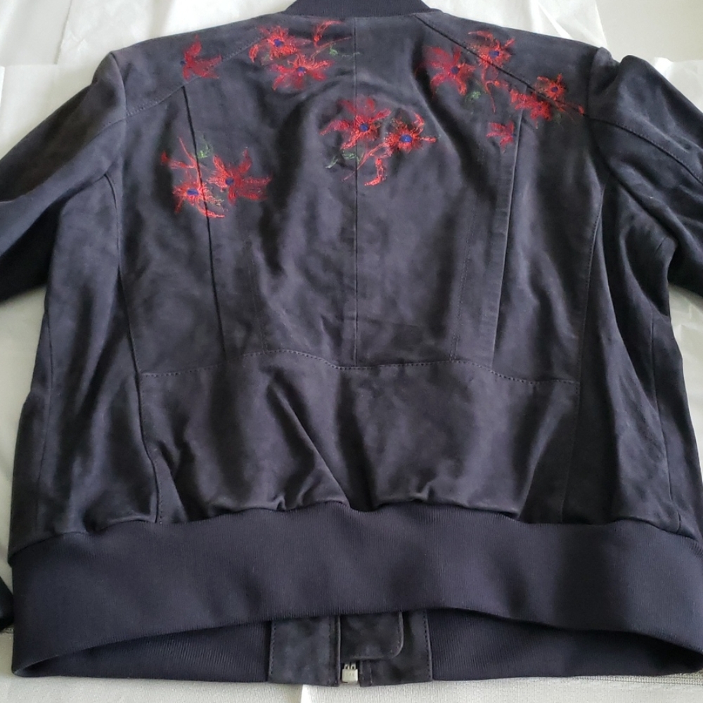 Andrew Marc New Bomber Embroidered Suede Leather Jacket Navy Women's M - Picture 15 of 16